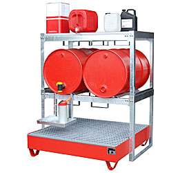 FASSLAGER Die Fassregale und Kleingebinderegale dienen zur liegenden Lagerung und Abfüllung von 60 oder 200 l Fässern und diversen Kleingebinden. Die Fasslager sind mit Auffangwannen ausgestattet. Dank des flexiblen Baukastensystems können die Regale individuell nach Ihren Anforderungen zusammengestellt werden. 