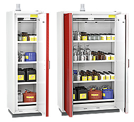 SICHERHEITSSCHRÄNKE Zur sicheren und gesetzeskonformen Lagerung von besonderen Lagergütern bieten wir Sicherheitsschränke Typ 90 für Akkus, Batterien, REFILLOmaten, Gasflaschen und Gefahrstoff-Fässer an. Die Schränke weisen die höchste Brandschutzklasse von 90 Minuten nach DIN EN 14470-1 auf.